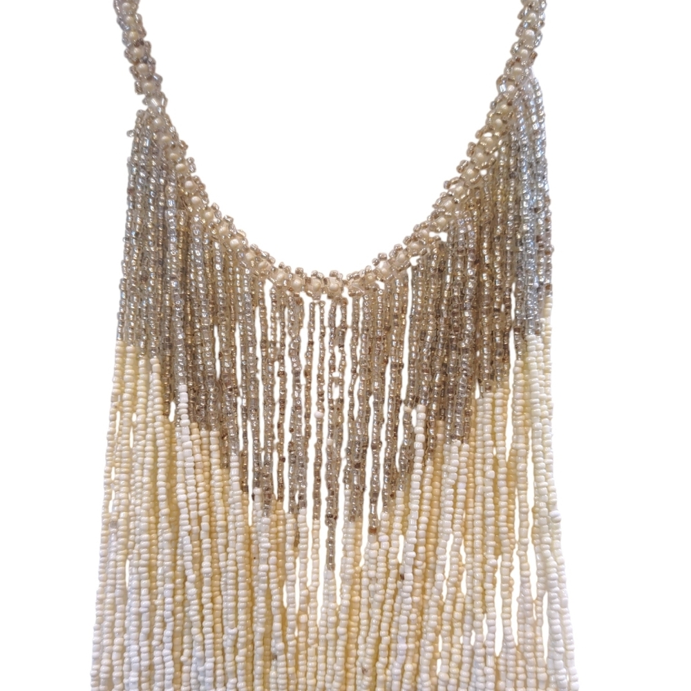 Chico's Beaded Fringe Beige Gold Large Bib Statement Necklace Fashion Jewelry - Picture 4 of 7